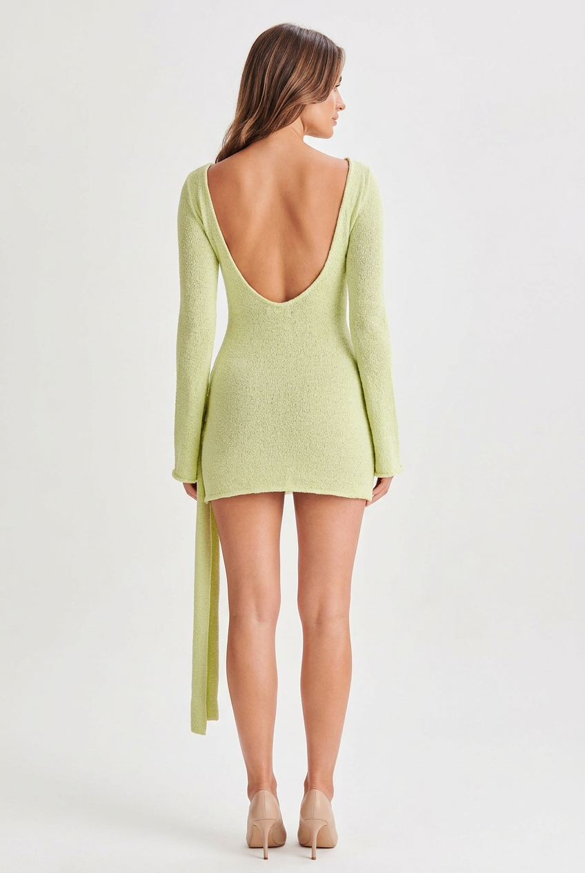 Long-Sleeve Scoop-Back Mini Dress with Draped Sash