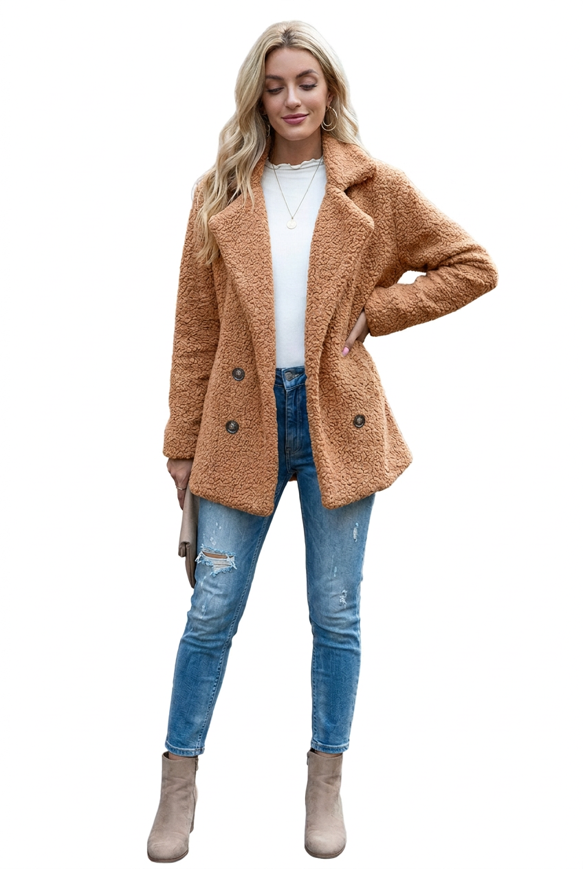 Double-Breasted Teddy Coat with Notched Lapels