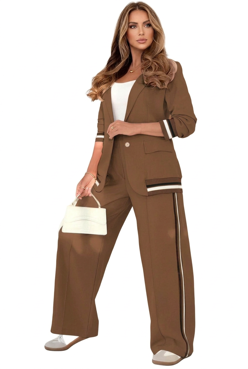 Contrast-Trim Blazer & Side-Stripe Wide-Leg Pants Set