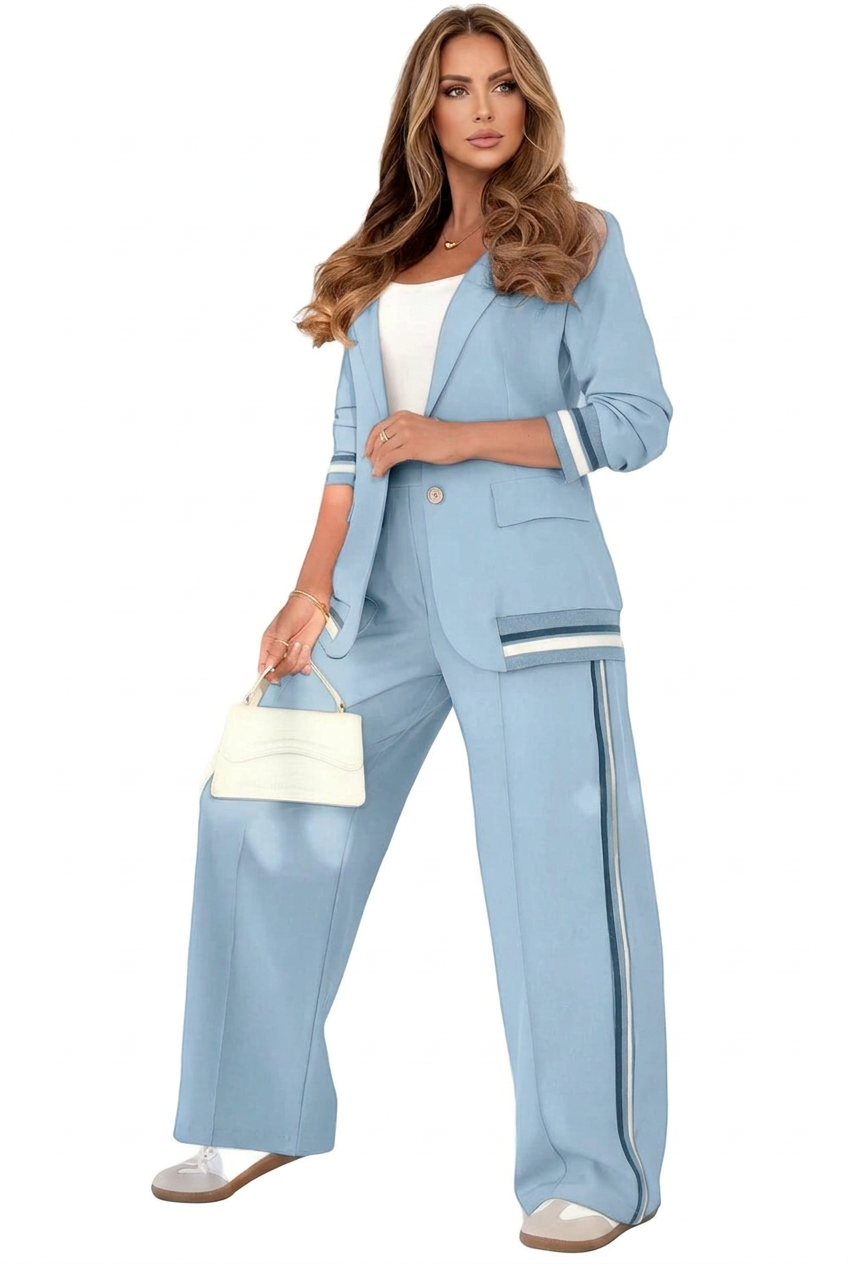 Contrast-Trim Blazer & Side-Stripe Wide-Leg Pants Set
