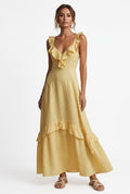 Ruffled V-Neck Sleeveless Tiered Maxi Dress in Yellow