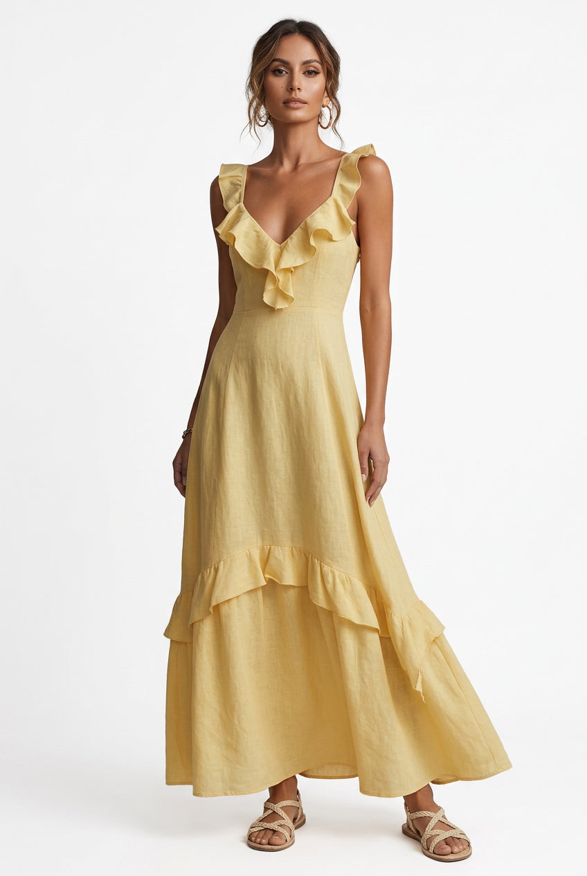 Ruffled V-Neck Sleeveless Tiered Maxi Dress in Yellow