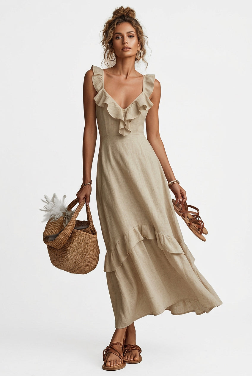 Ruffled V-Neck Sleeveless Tiered Maxi Dress in Khaki