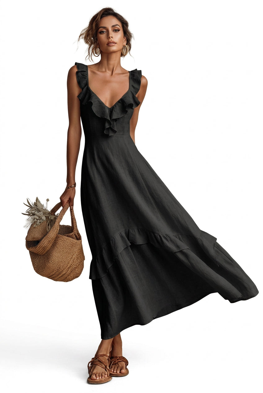 Ruffled V-Neck Sleeveless Tiered Maxi Dress in Black