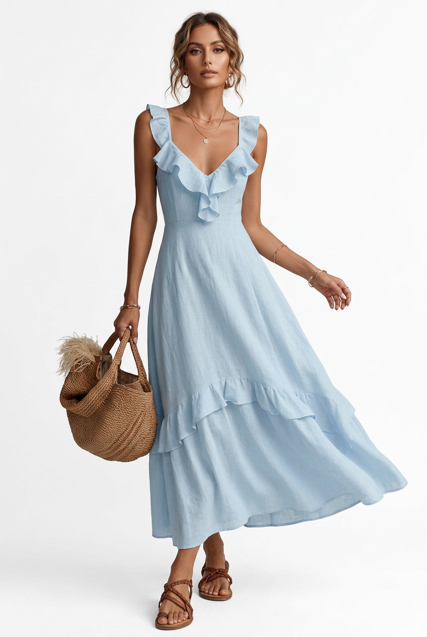 Ruffled V-Neck Sleeveless Tiered Maxi Dress in Light Blue