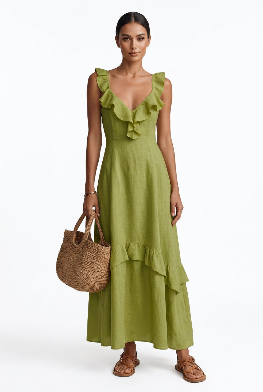 Ruffled V-Neck Sleeveless Tiered Maxi Dress in Olive Green