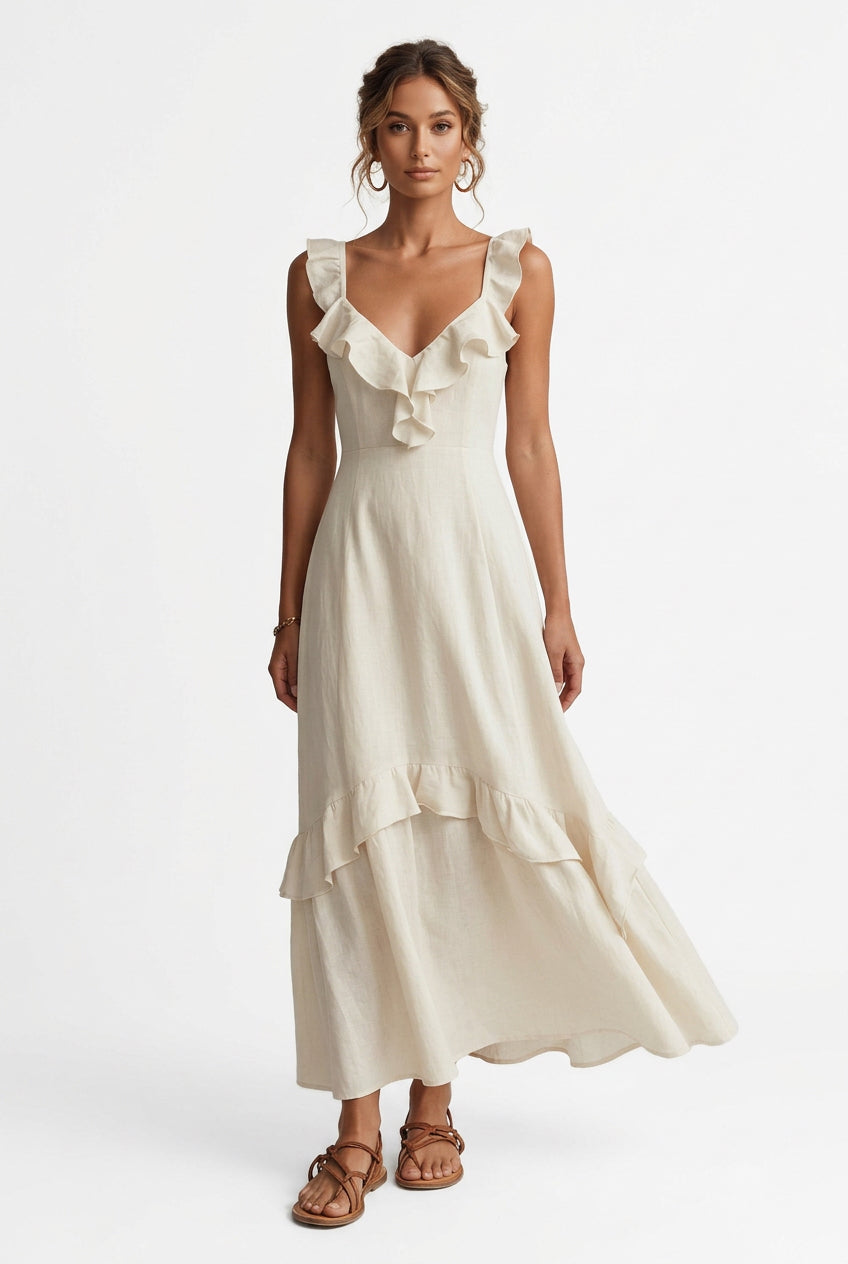 Ruffled V-Neck Sleeveless Tiered Maxi Dress in Beige