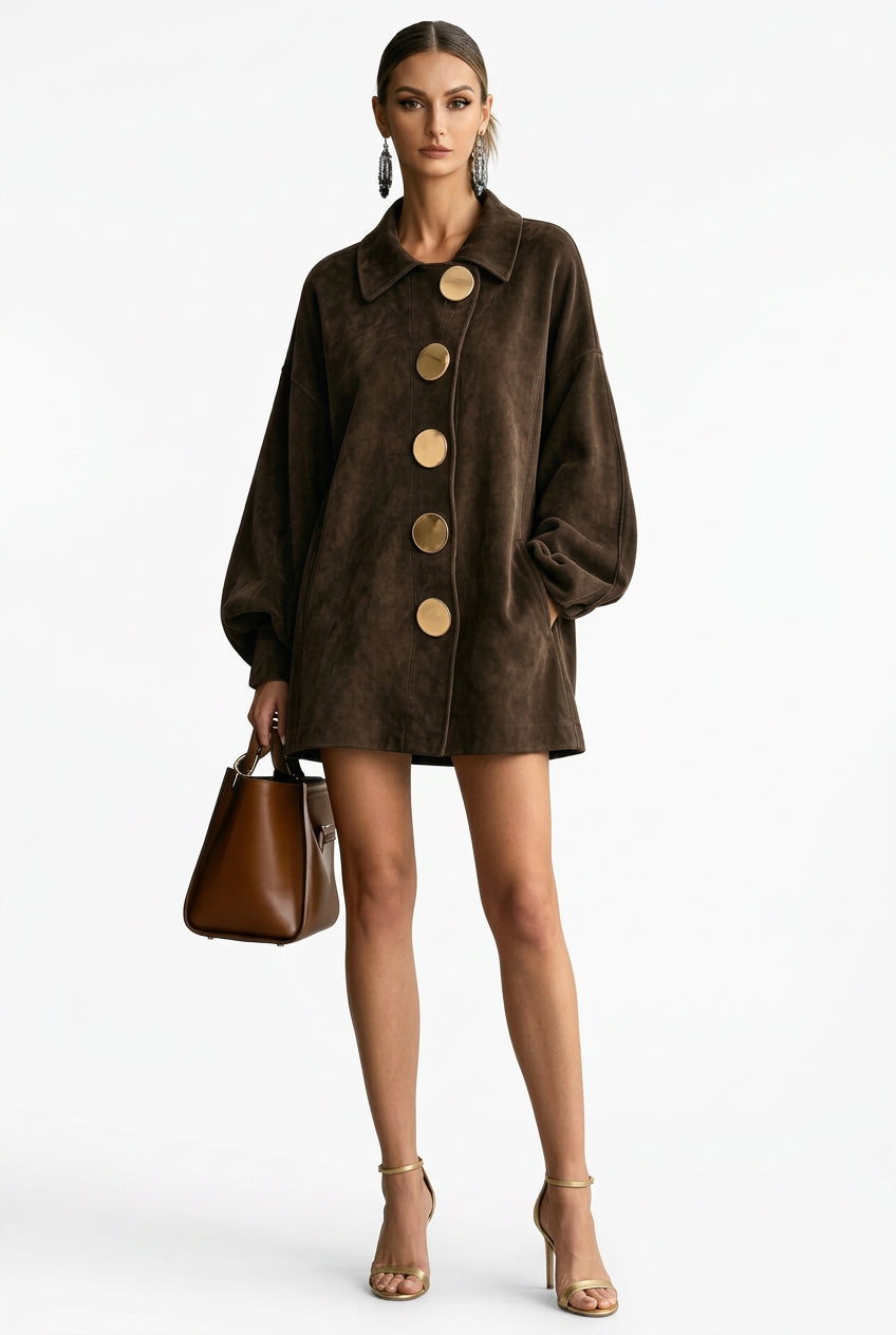 Suede-Style Oversized-Button Puff-Sleeve Jacket in Brown