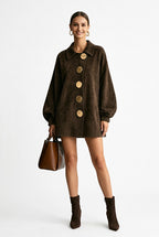 Suede-Style Oversized-Button Puff-Sleeve Jacket – view 2