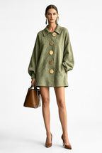 Suede-Style Oversized-Button Puff-Sleeve Jacket – view 11