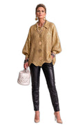 Collared Scallop-Hem Knit Cardigan with Oversized Buttons