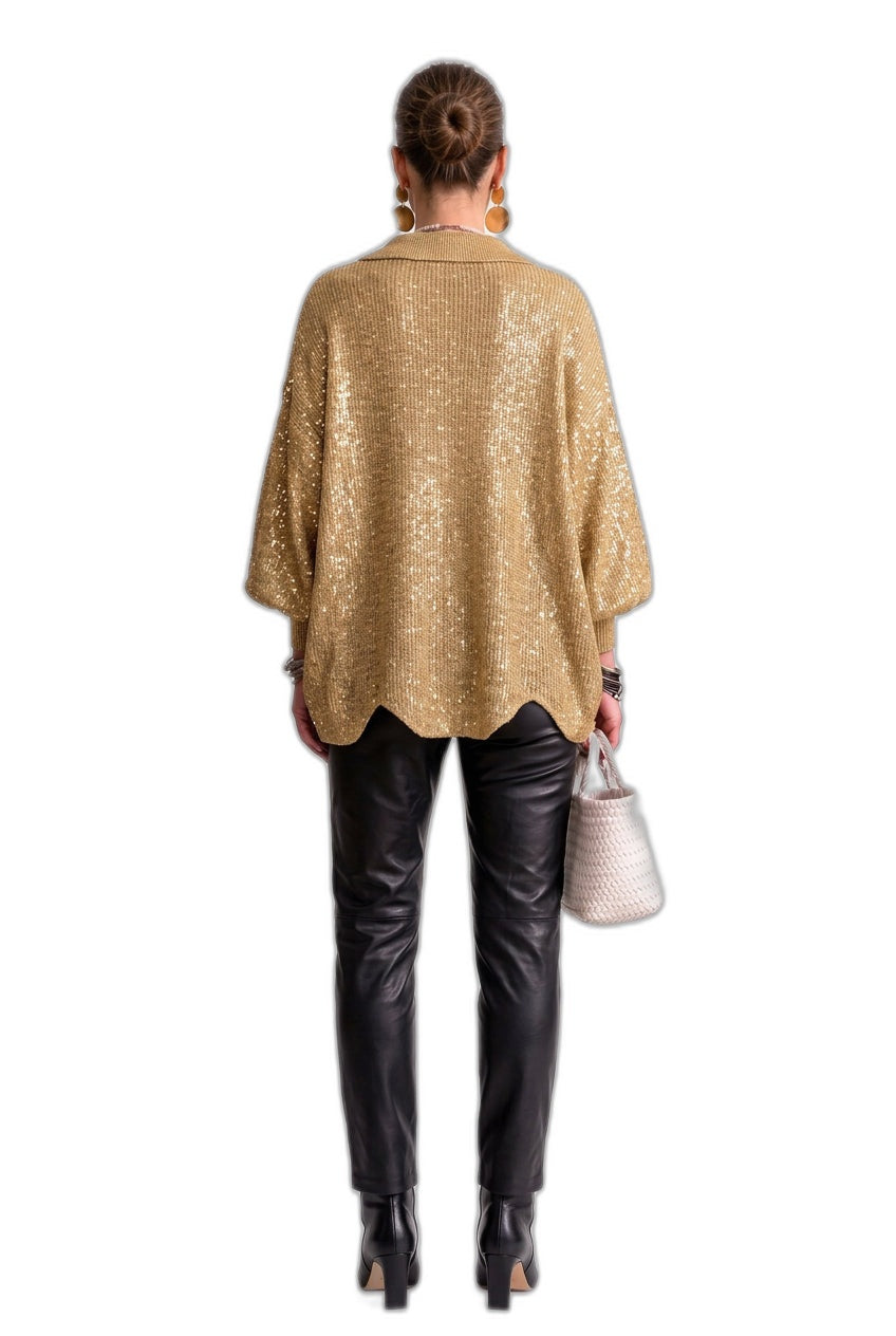 Collared Scallop-Hem Knit Cardigan with Oversized Buttons – view 2