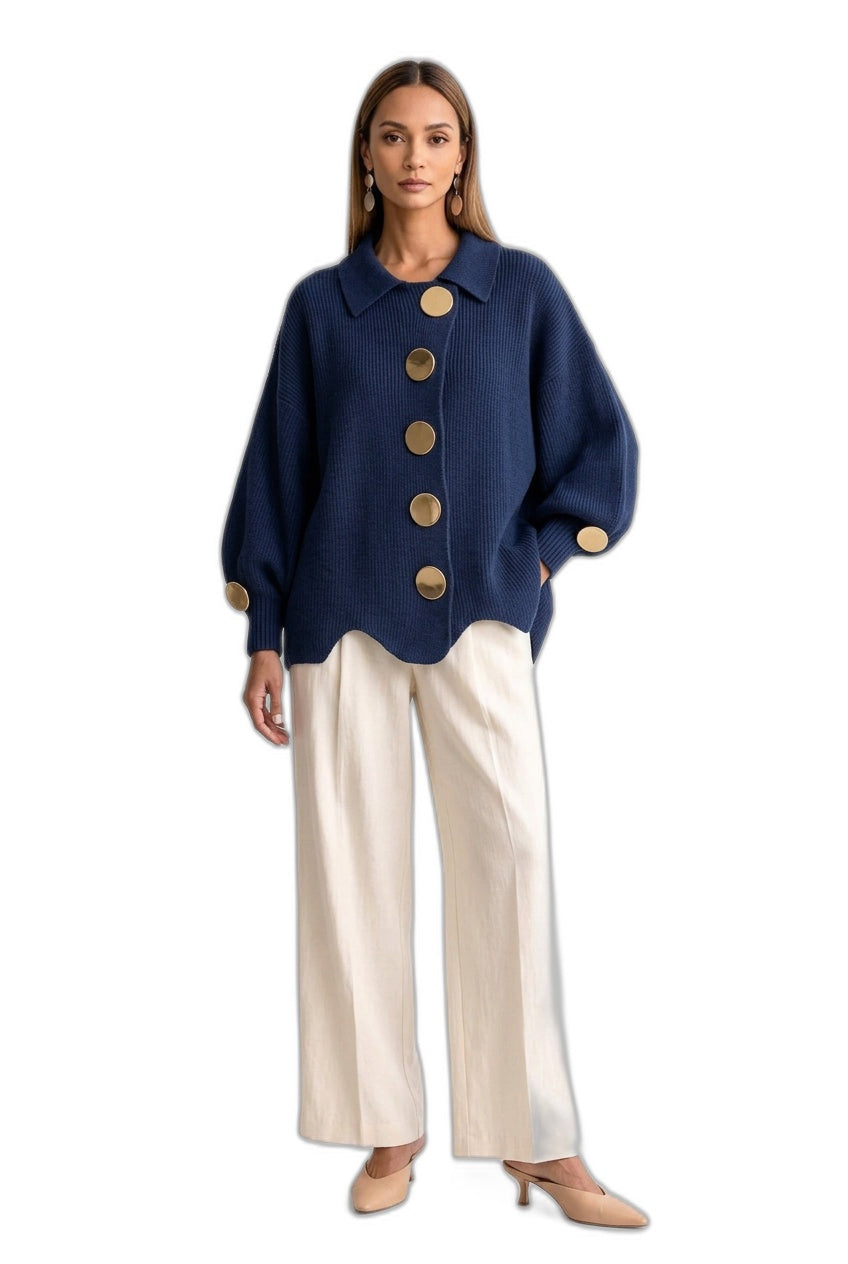 Collared Scallop-Hem Knit Cardigan with Oversized Buttons – view 6