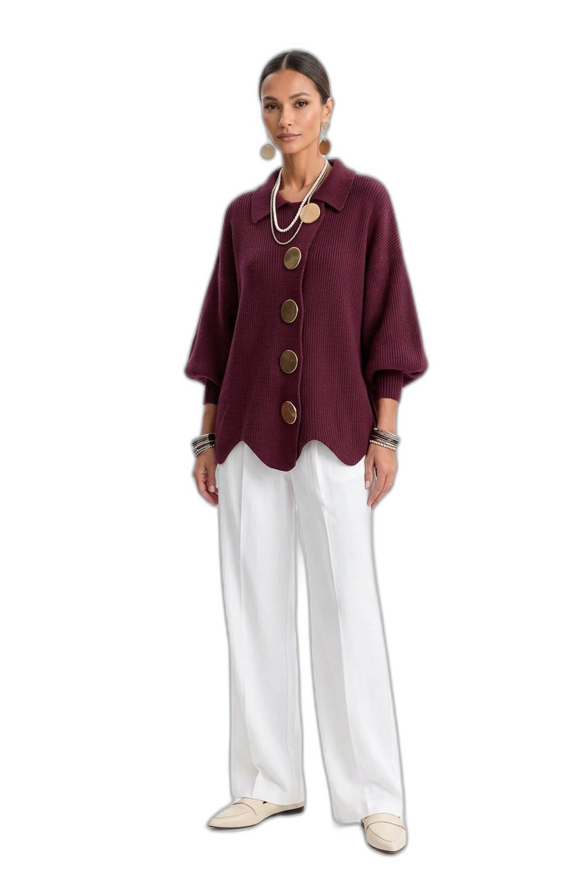 Collared Scallop-Hem Knit Cardigan with Oversized Buttons – view 8