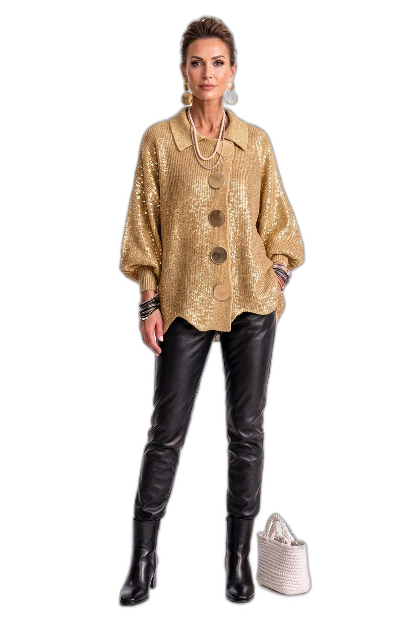 Collared Scallop-Hem Knit Cardigan with Oversized Buttons – view 3
