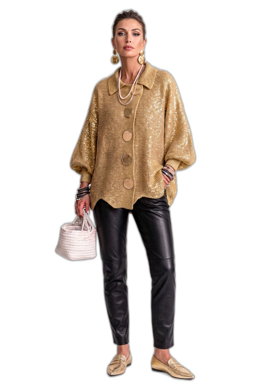 Collared Scallop-Hem Knit Cardigan with Oversized Buttons – view 4
