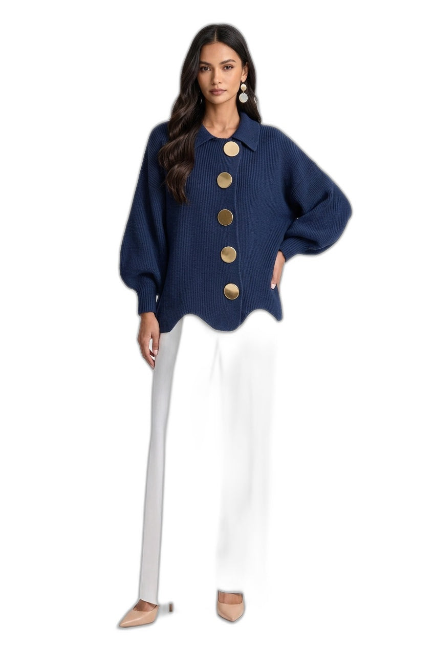 Collared Scallop-Hem Knit Cardigan with Oversized Buttons – view 5