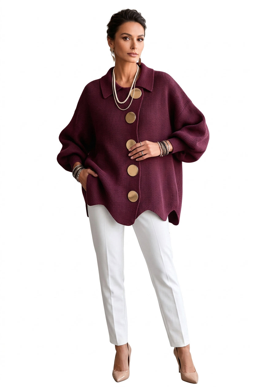 Collared Scallop-Hem Knit Cardigan with Oversized Buttons – view 7