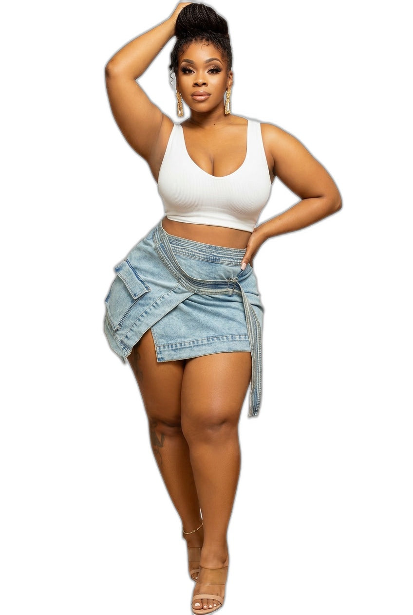 Tie-Waist Asymmetric Denim Mini Skirt