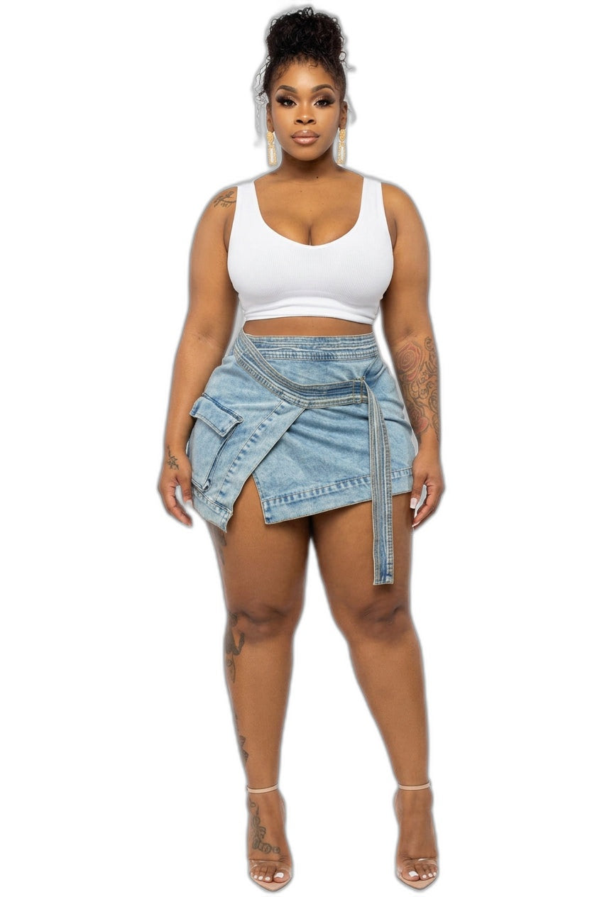 Tie-Waist Asymmetric Denim Mini Skirt in Light Blue
