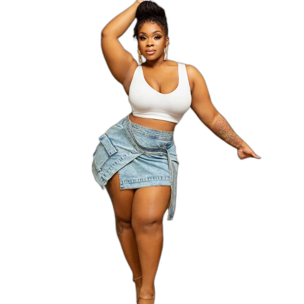 Tie-Waist Asymmetric Denim Mini Skirt – view 4