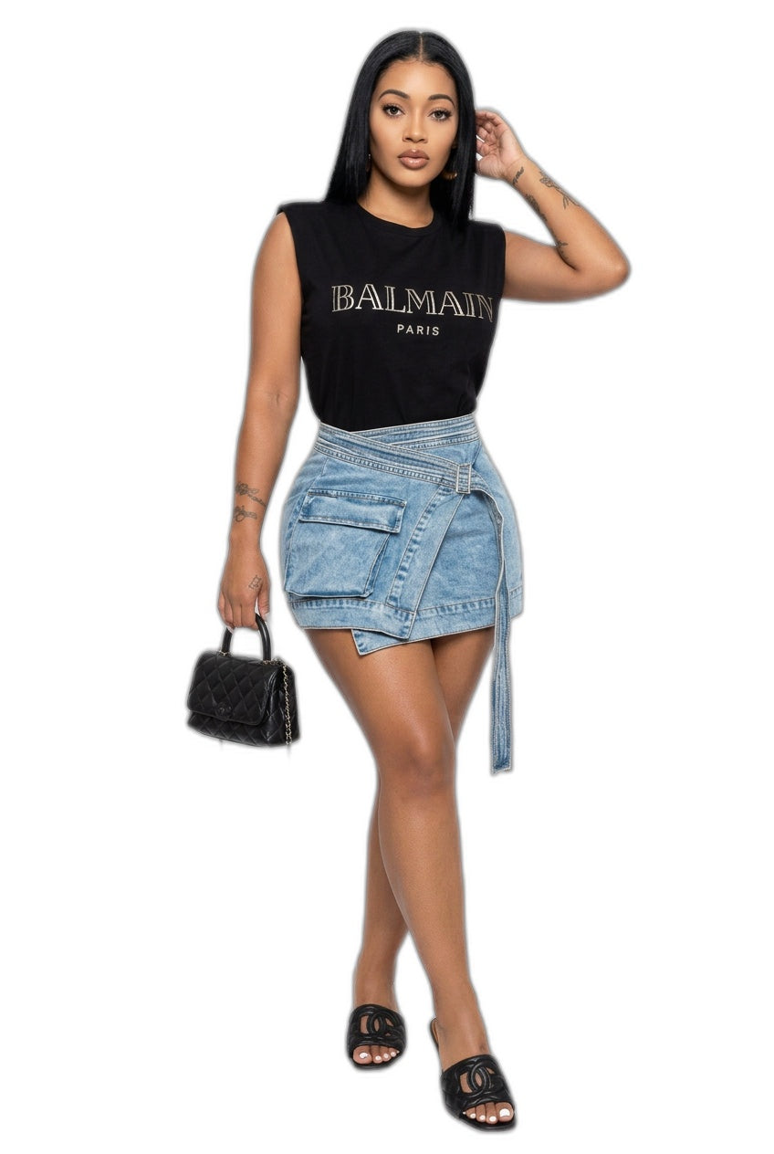 Tie-Waist Asymmetric Denim Mini Skirt – view 5